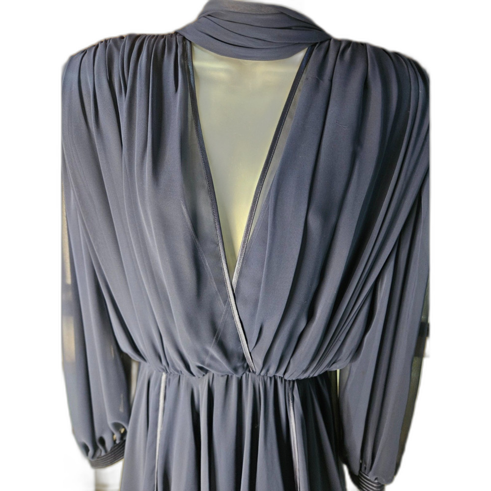 Wayne Clark Vintage Navy Blue Chiffon Dress Sz M Layered Sheer LIned Scarf Flowy - Picture 3 of 10